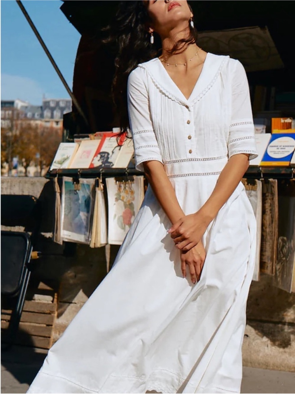Simple Retro White Fiona Dress bridal embroidery vintage feminine cottagecore - Picture 2 of 10